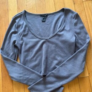 Forever 21 Womens Grey Purple Ribbed Long Sleeve V-Neck Crop Top Small